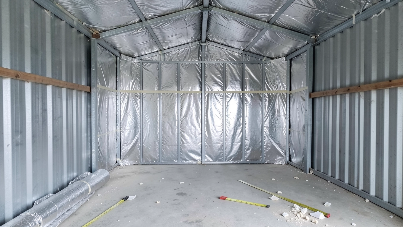 Montaż folii w garażu blaszanym od środka