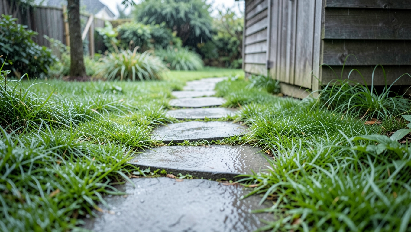 ścieżka z płyt betonowych w trawie