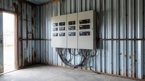 rozdzielnica elektryczna w garażu blaszanym